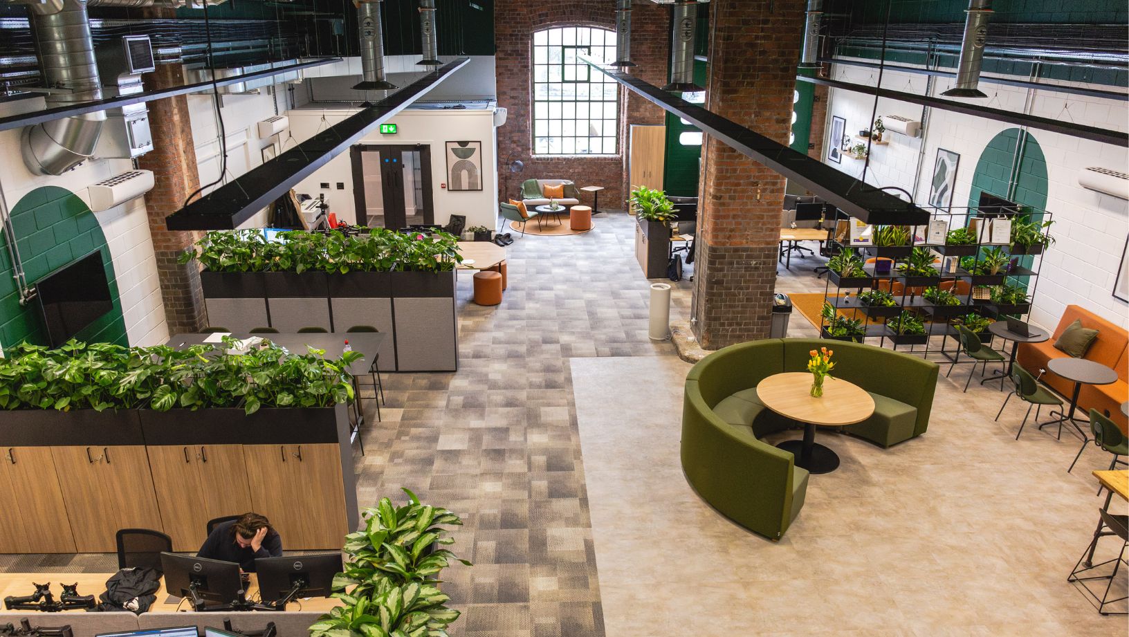 Flexible seating options in bright biophilic office