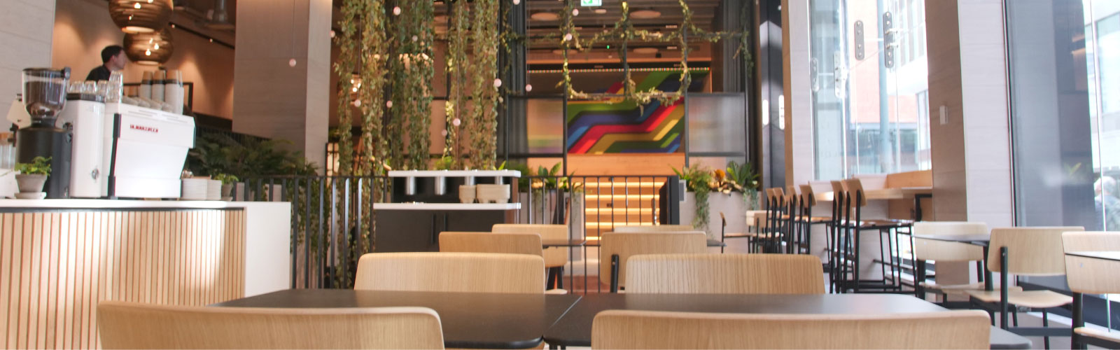 Communal area in office break room with decorative foliage