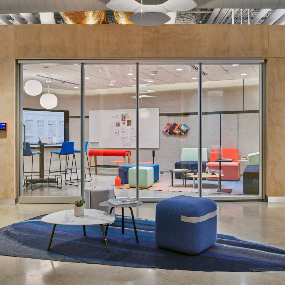 Agile working space in modern office with private conference room using technology
