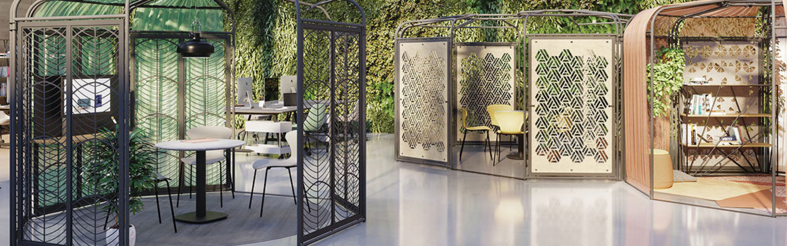 Innovative collaboration breakout rooms in natural themed modern office