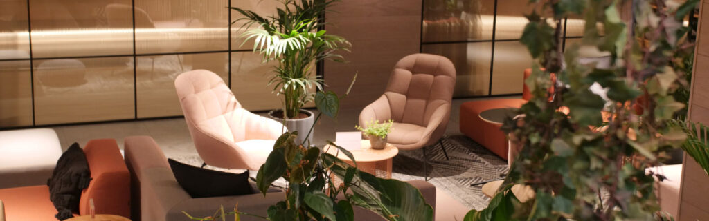 Modern office welcome lounge area with floor plants and carpet