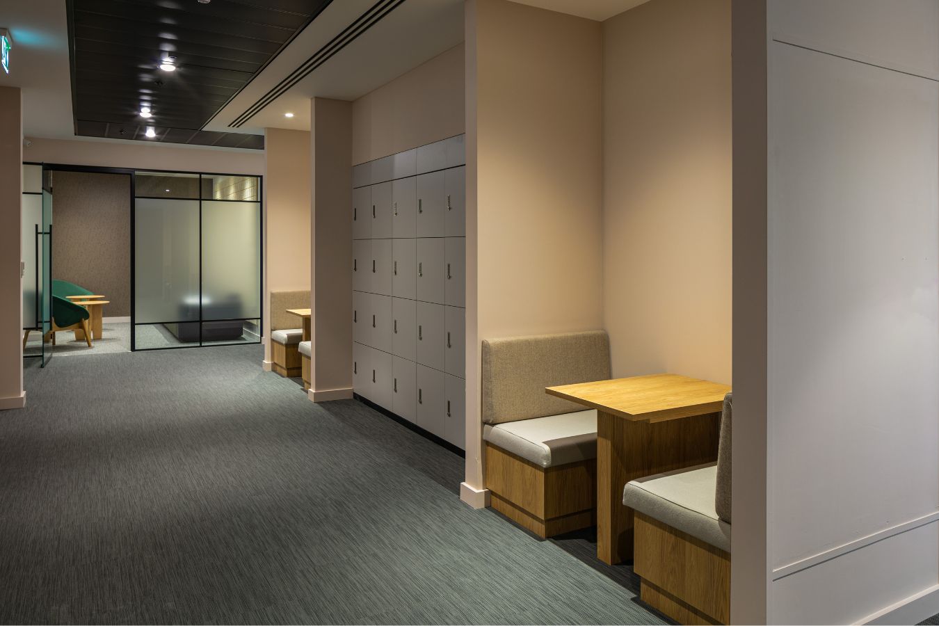Programmable lockers for belongings fitted beside desk clusters and breakout spaces