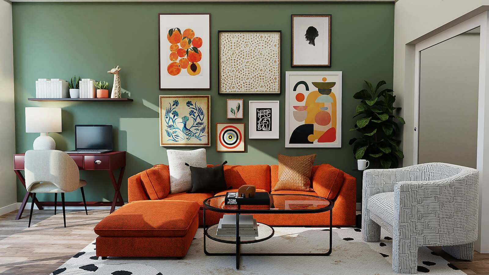 An orange sofa against a sage green wall with a collection of different size art print frames, on top of a white rug with a glass coffee table with black metal frame