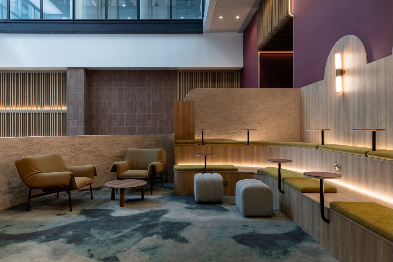 Reception soft seating area dimly ambiently lit